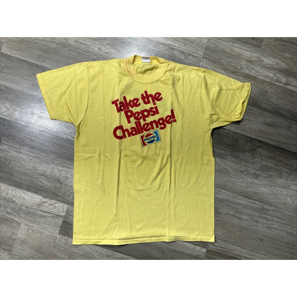 Vintage 70s Pepsi Challenge T-Shirt Size Large Yellow Let Your Taste Decide